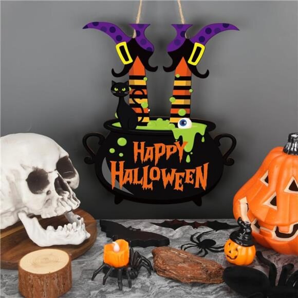 Halloween Witch Door Sign Happy Halloween Wooden Sign Plaque Witch Leg Front - Picture 2 of 8